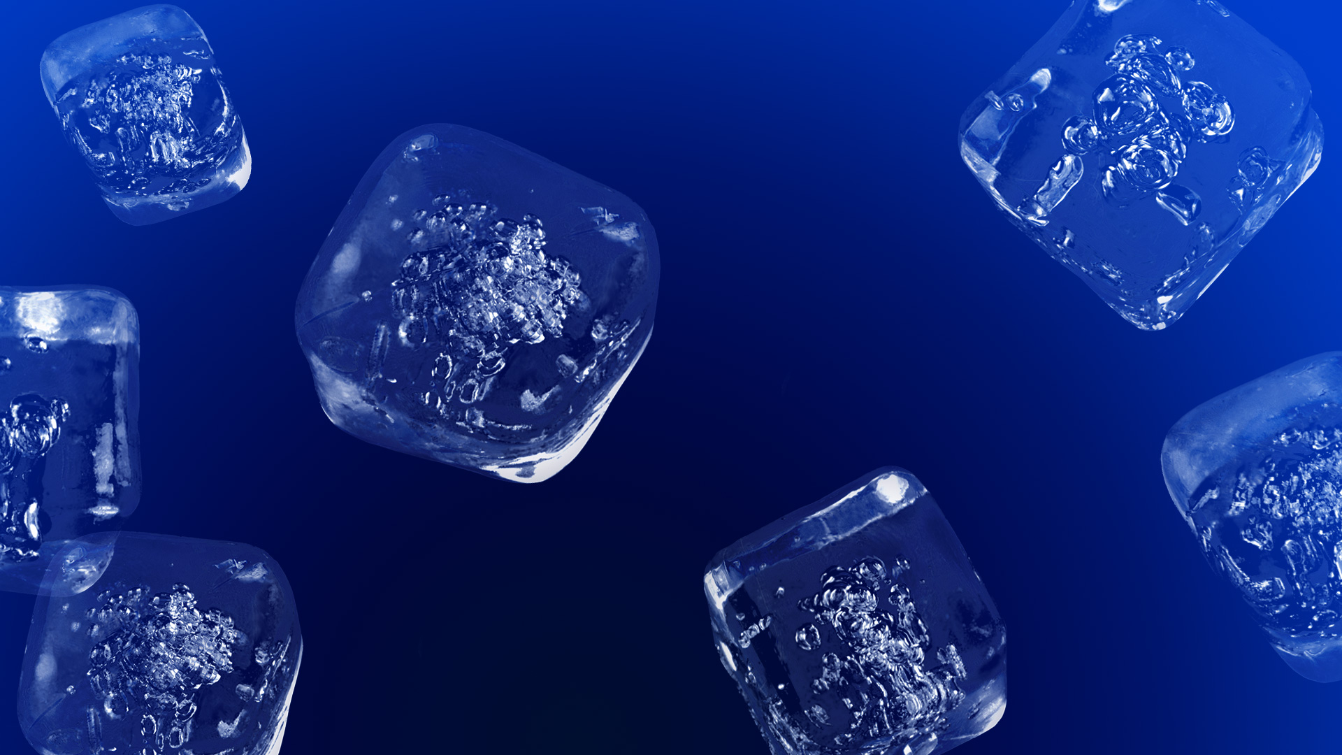 Blue background with floating ice cubes.