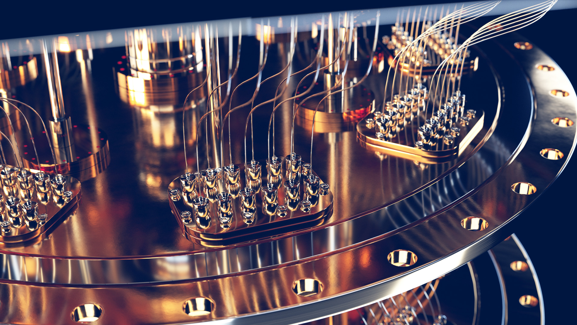Close-up of a quantum computer’s metallic components with connectors and wires against a dark background